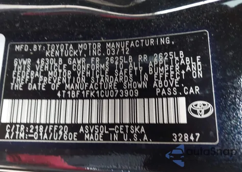 2012 Toyota Camry Se из США, поврежденный, VIN 4T1BF1FK1CU073909